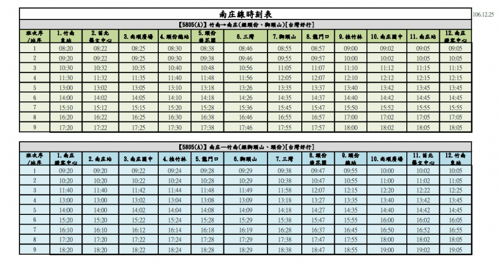 台灣好行南庄線 好行時刻表