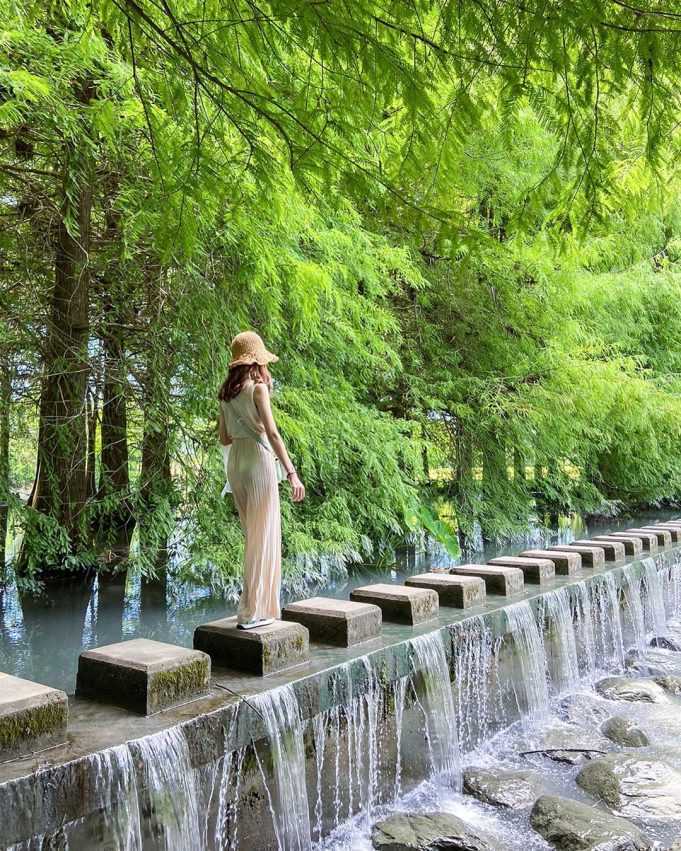 花蓮景點推薦｜花蓮一日遊｜花蓮壽豐．雲山水夢幻湖｜「雲山水夢幻湖」位在雲山水園區中，是一座四公頃大的人工夢幻湖，也是知名廣告場景。而夢幻湖的源頭有座落羽松森林，要走到對面可是要走在水上的石磚步道，走上攔水壩形成的細流瀑布，流水潺潺好似牛奶瀑布，難怪會成為熱門的 IG 打卡景點！