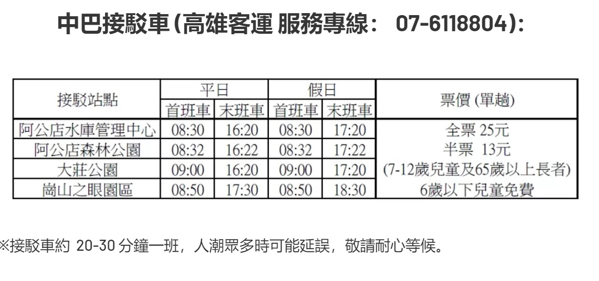 崗山之眼 | 接駁車資訊、班次表