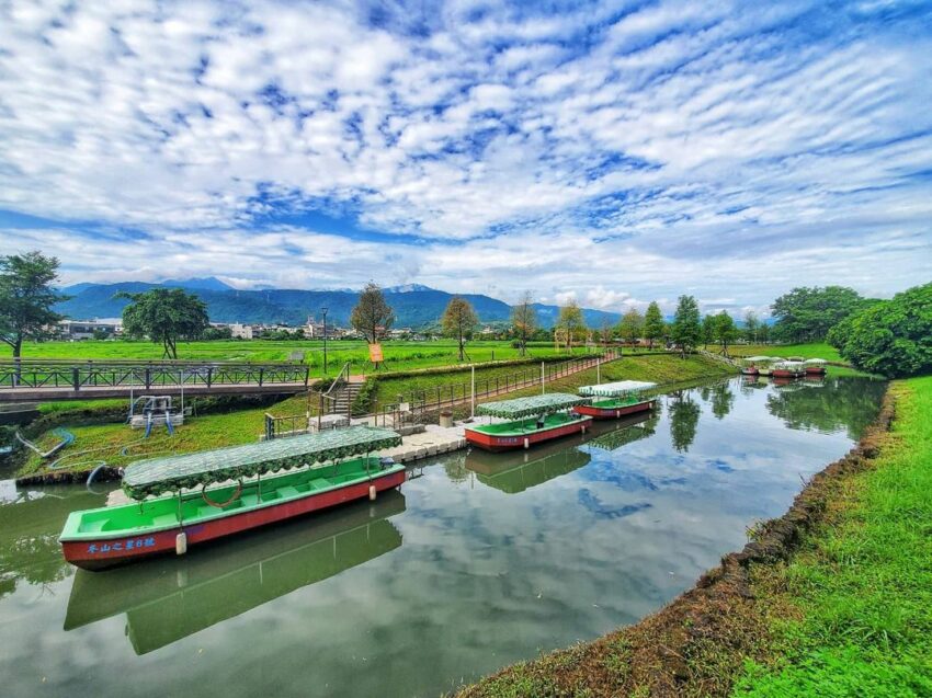 宜蘭景點｜在荷蘭羊角村能乘坐運河在湖泊上划行，這幅美景在宜蘭也能看到囉！在冬山河舊河道，栽植了落羽松和波波草，風景優美超好拍，還能搭著電動小船遊覽水色風光。