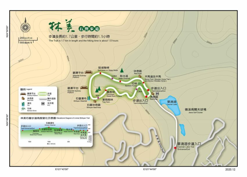 林美石磐步道 | 步道地圖 | 林美石磐步道全長約1.7公里，是一條O行環狀步道，只要繞著走一圈就能回到原點，不需要折返。到林美石磐步道前得先穿越草湳湖臨湖步道，沿途有許多景觀、休息區可供遊客們稍作休憩