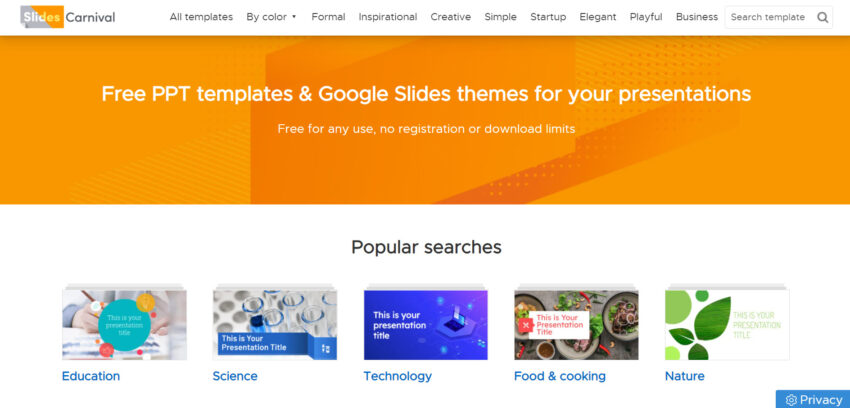免費PPT 模板｜免費下載 #1 Slides Carnival 在網站選單上可依模板主題，快速找到適合自己的模板，比如能依色系找特定顏色的模板(By color)、簡約風模板(simple)、工作商用PPT模板(business)，風格多元而且一目瞭然！