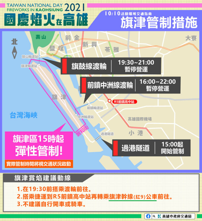 2021高雄國慶煙火|旗鼓線渡輪、前鎮中洲線渡輪、過港隧道暫時營運&管制時間|國慶煙火交通管制範圍、旗津管制措施交管地點、交管時間 2021高雄國慶煙火|旗鼓線渡輪、前鎮中洲線渡輪、過港隧道暫時營運&管制時間|國慶煙火交通管制範圍、旗津管制措施交管地點、交管時間